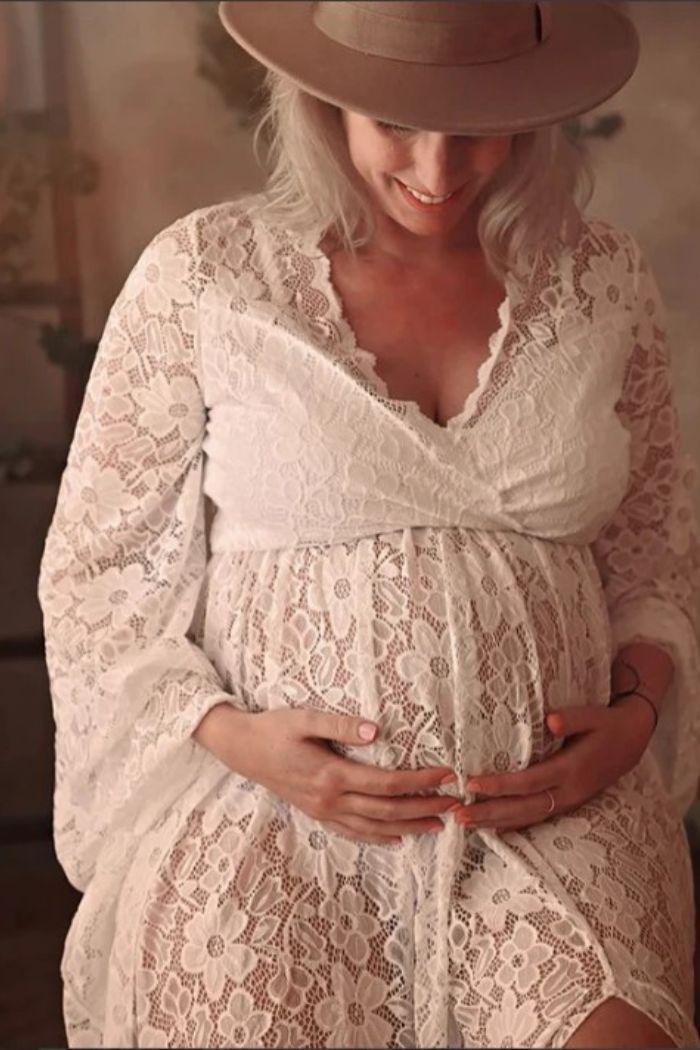 Robe Photo Grossesse En Dentelle Blanche - Robe Maxi Maternité Col V Manches Longues Pour Shooting Photo Et Séances Maternité