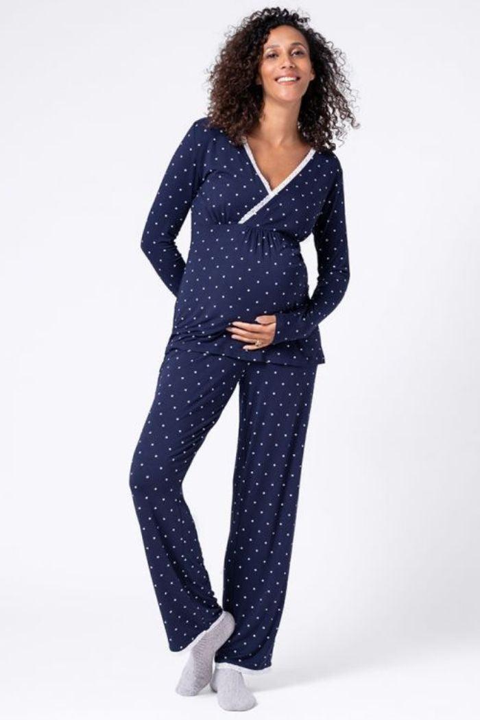 Ekouaer Ensemble Haut et Bas Vêtement Allaitement Femme Manches Longues  Hiver Pyjama pour Accouchement Hôpital, Bleu Marine, M : : Mode