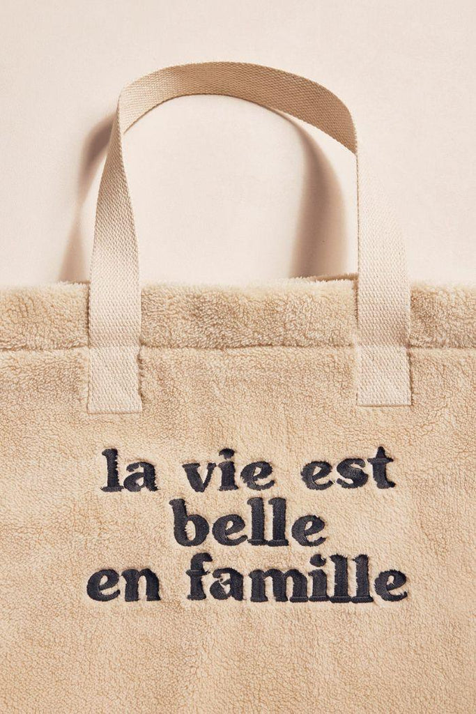 Cabas "La vie est belle en famille" en moumoute - crème - Mummy Nantes