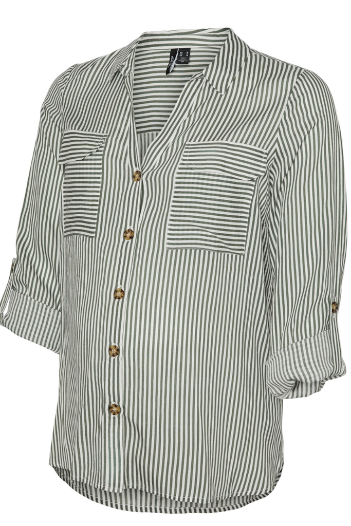 Zoom sur chemise grossesse et allaitement rayée kaki fluide et confortable - MUMMY NANTES
