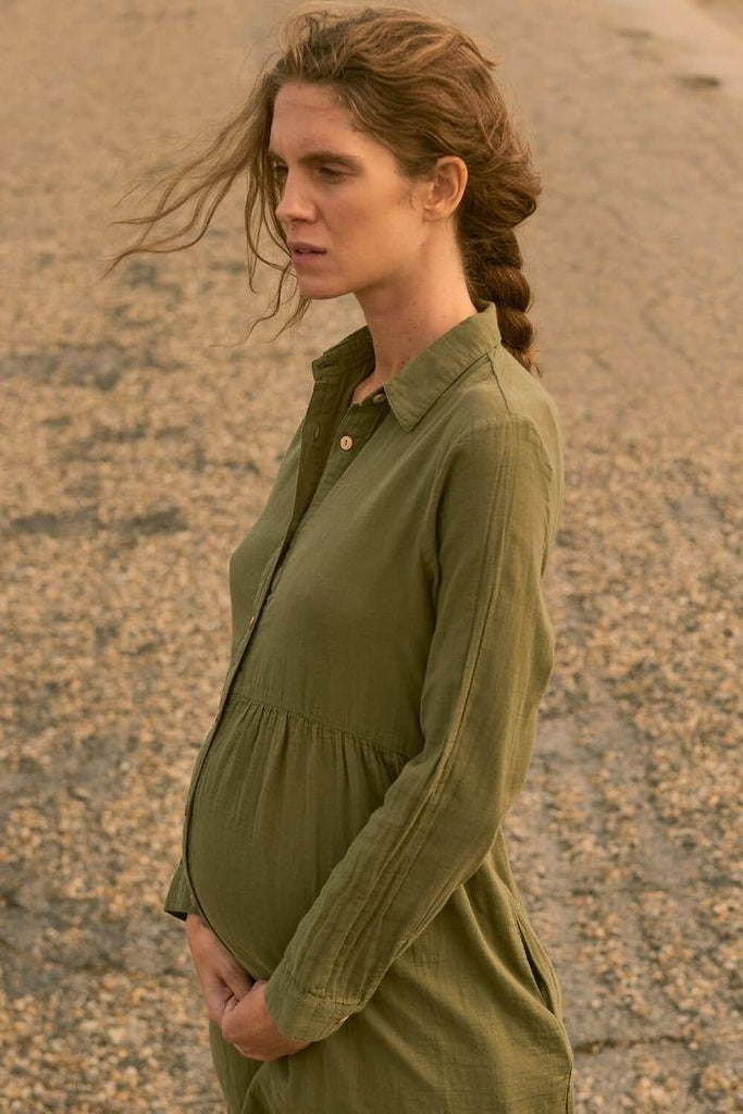 Robe de Grossesse en Gaze de Coton Esther - Kaki - Mummy Nantes