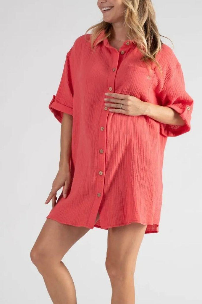 Robe Chemise Grossesse & Allaitement Bertille - Corail - Mummy Nantes