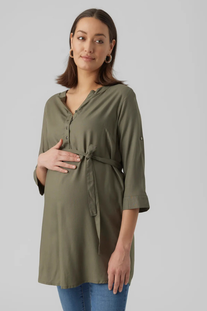 robe chemise ou tunique kaki vue face sur future maman mummy nantes