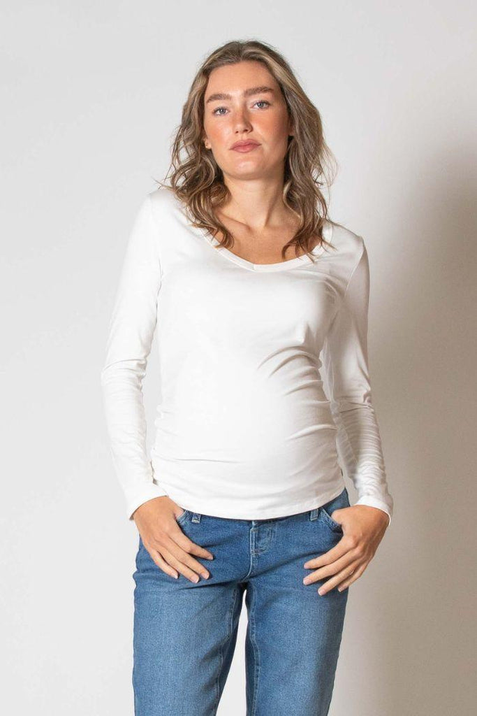 T-shirt Grossesse Manche Longue Jenna - Blanc cassé - Mummy Nantes