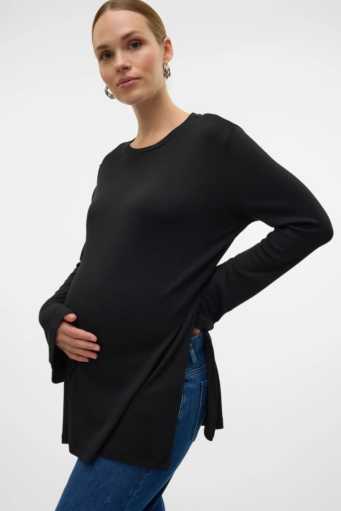 Tunique de grossesse noire en maille fluide avec fente latérale – MUMMY Nantes