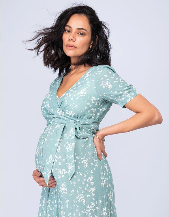 Robe de Grossesse et Allaitement Imprimés Fleurs - Vert sauge - Mummy Nantes