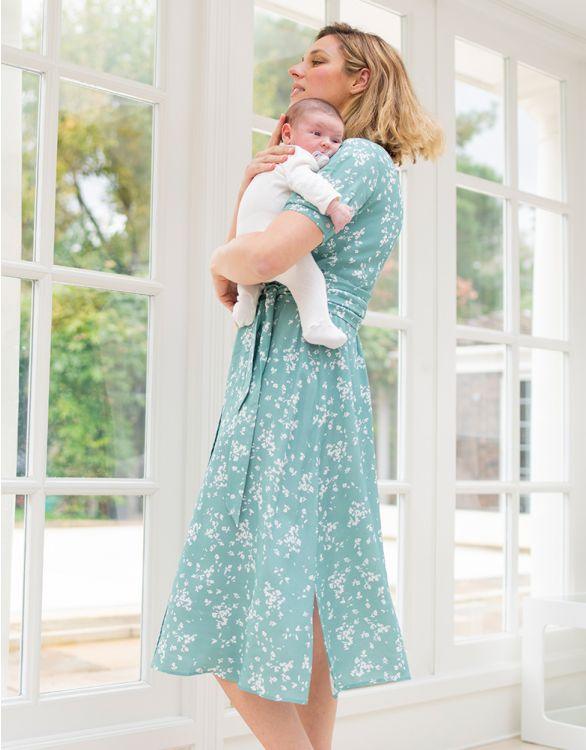 Robe de Grossesse et Allaitement Imprimés Fleurs - Vert sauge - Mummy Nantes
