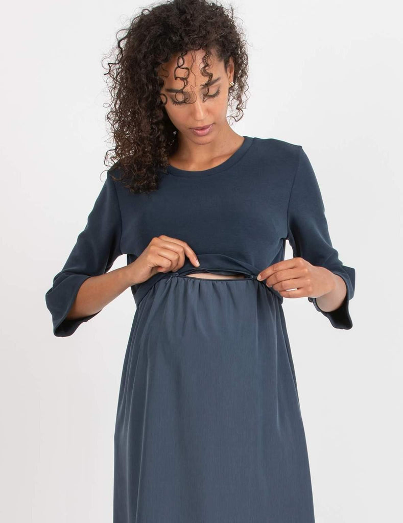 Robe de Grossesse et Allaitement en Modal et Satin - Marine - Mummy Nantes
