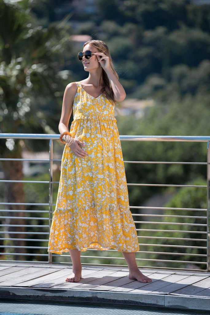 Robe Longue de Grossesse Imprimé Fleur Soleil - Mummy Nantes