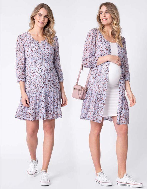 Robe Grossesse Imprimée Fleurs à Volants Bleu - Mummy Nantes